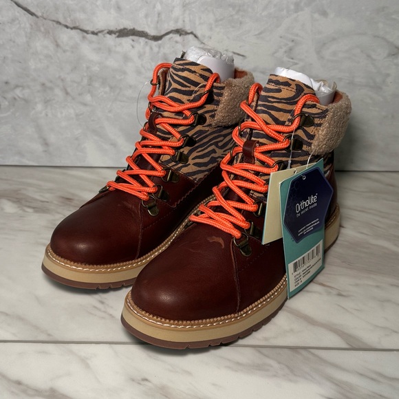 TOMS Mesa Waterproof Boots Dark Brown Leather Zebra Print